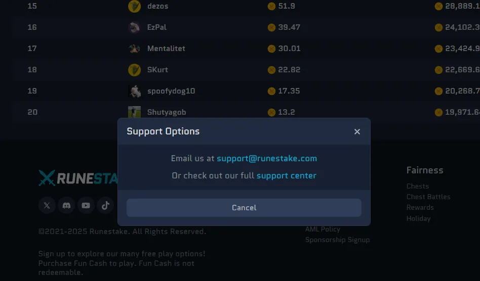 customer support options -runestake