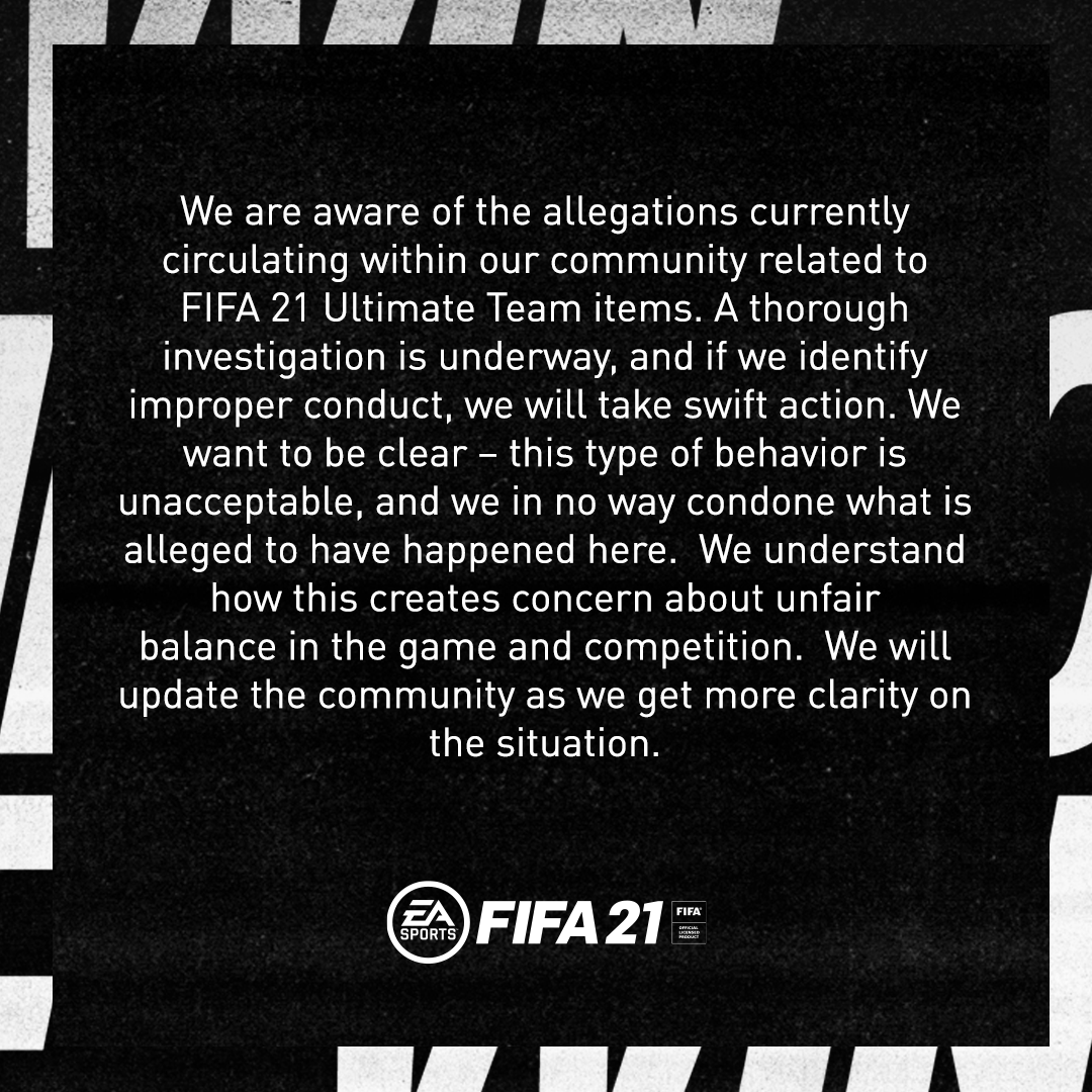 EA statement on Twitter following the scandal